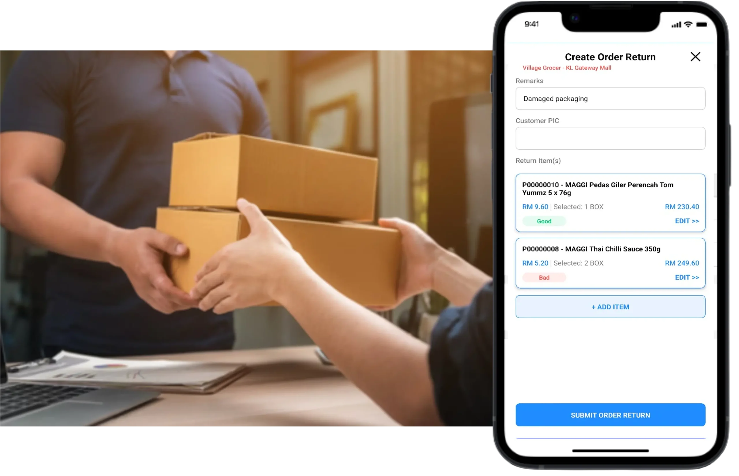 Field sales representative recording FMCG product returns from a retail store