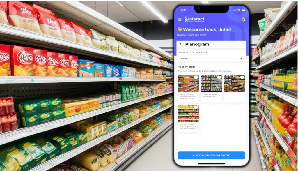 FMCG merchandiser checking product display and shelf availability in a retail store