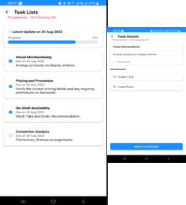 Merchandiser task list on mobile app showing assigned store tasks and completion tracking