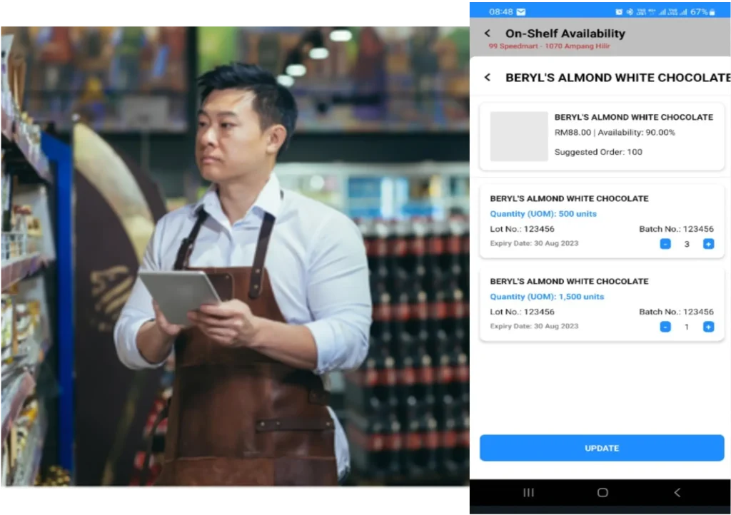 Retailer mobile app connected to sales and distribution system for ordering products and tracking inventory