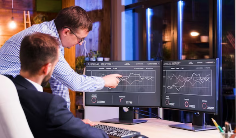 Data analytics dashboard analyzing sales trends, customer behavior, and inventory performance