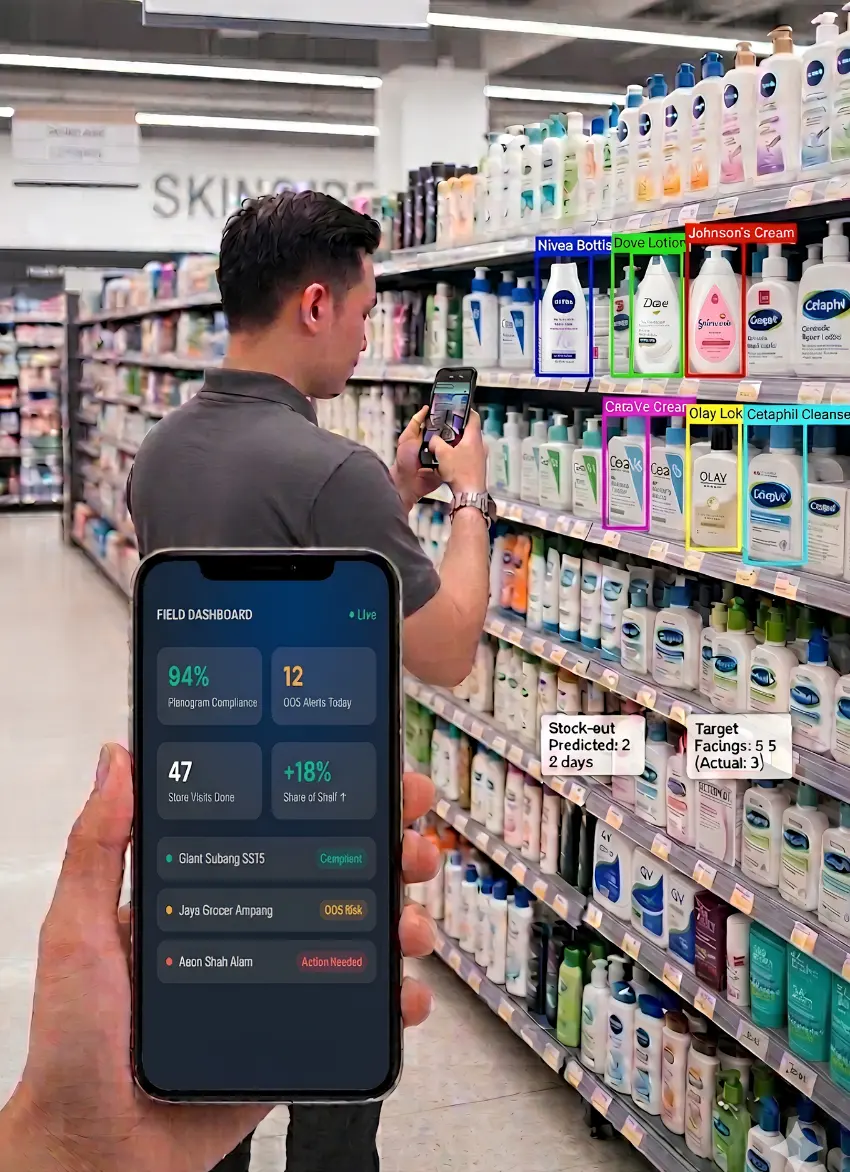 Retail merchandiser using a smartphone to scan product shelves with AI-labeled shelf items and a field dashboard overlay.