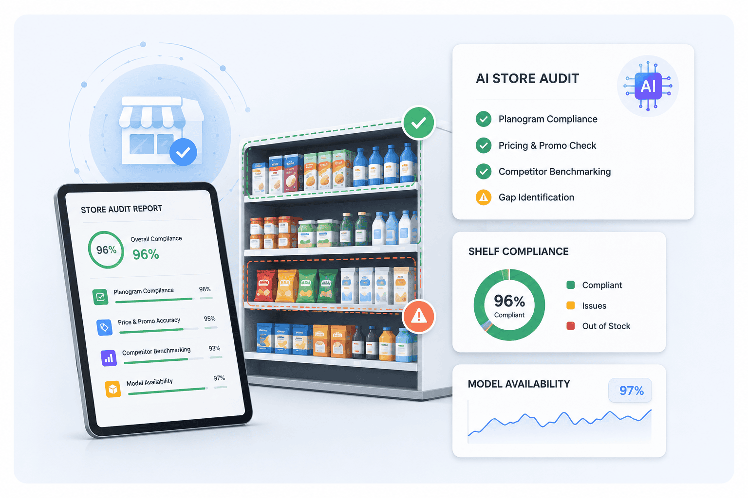 AI store audit graphic showing retail shelves, a tablet compliance report, and dashboard panels for shelf compliance and model availability.