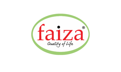 Faiza logo with red lettering inside a green oval and the tagline “Quality of Life.”