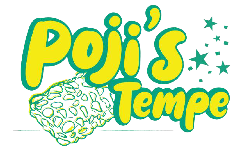 Poji’s Tempe logo with yellow and green text and a tempeh illustration.