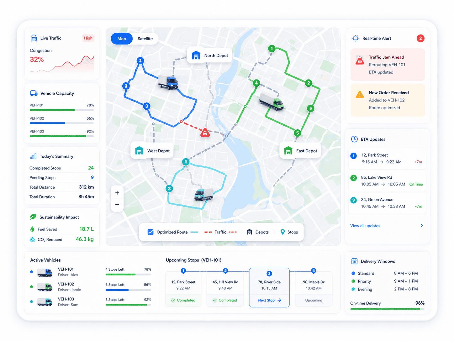 Route optimization dashboard showing vehicle routes on a map with traffic alerts, ETA updates, delivery windows, and active vehicle summaries.