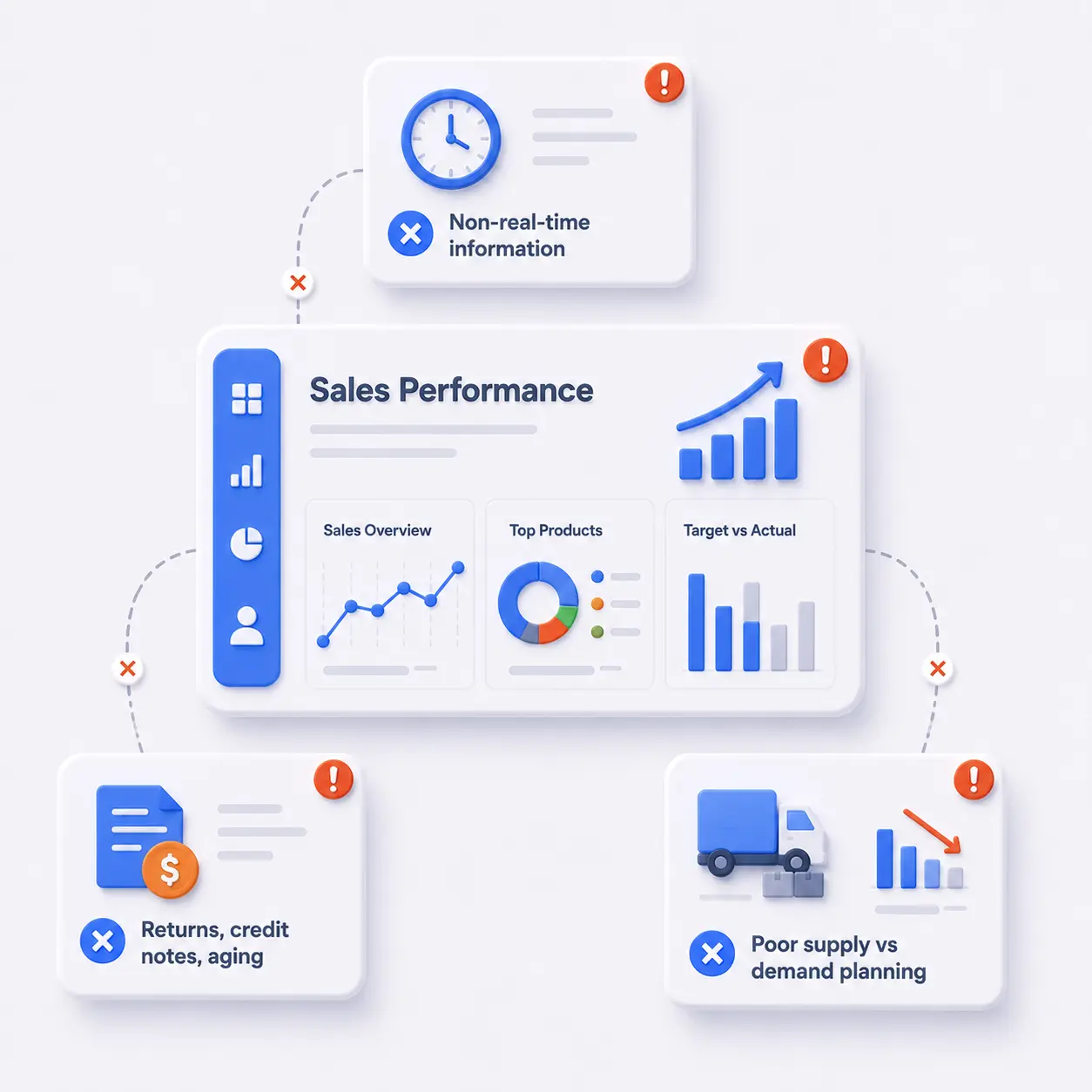 Illustration of a sales performance dashboard connected to alerts about non-real-time information, returns and credit notes, and poor supply versus demand planning.