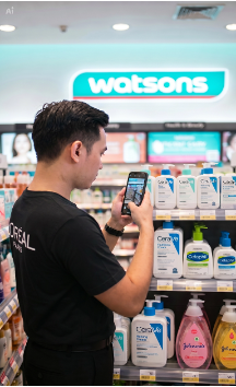 Man using a smartphone to check products on a shelf inside a Watsons store.