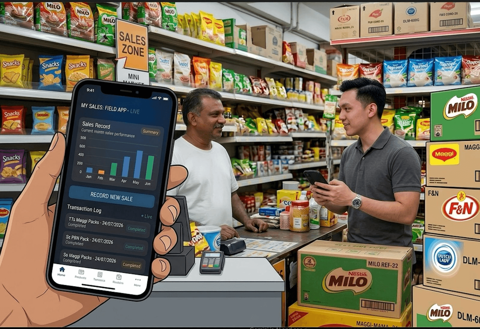Field sales representative using a mobile app while speaking with a shop owner in a mini market.