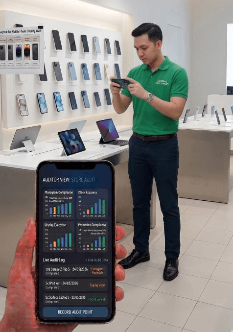 Store auditor using a smartphone to check an electronics display with a mobile audit dashboard shown in the foreground.