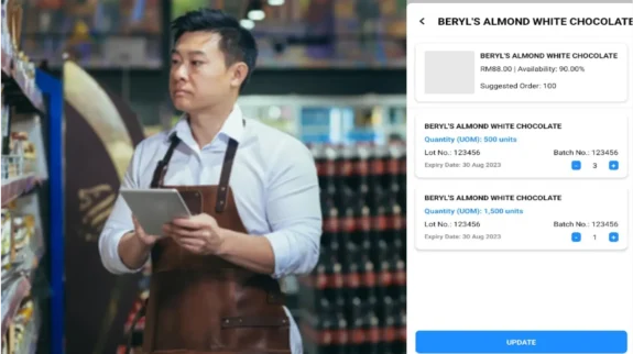 Retailer mobile app connected to sales and distribution system for ordering products and tracking inventory