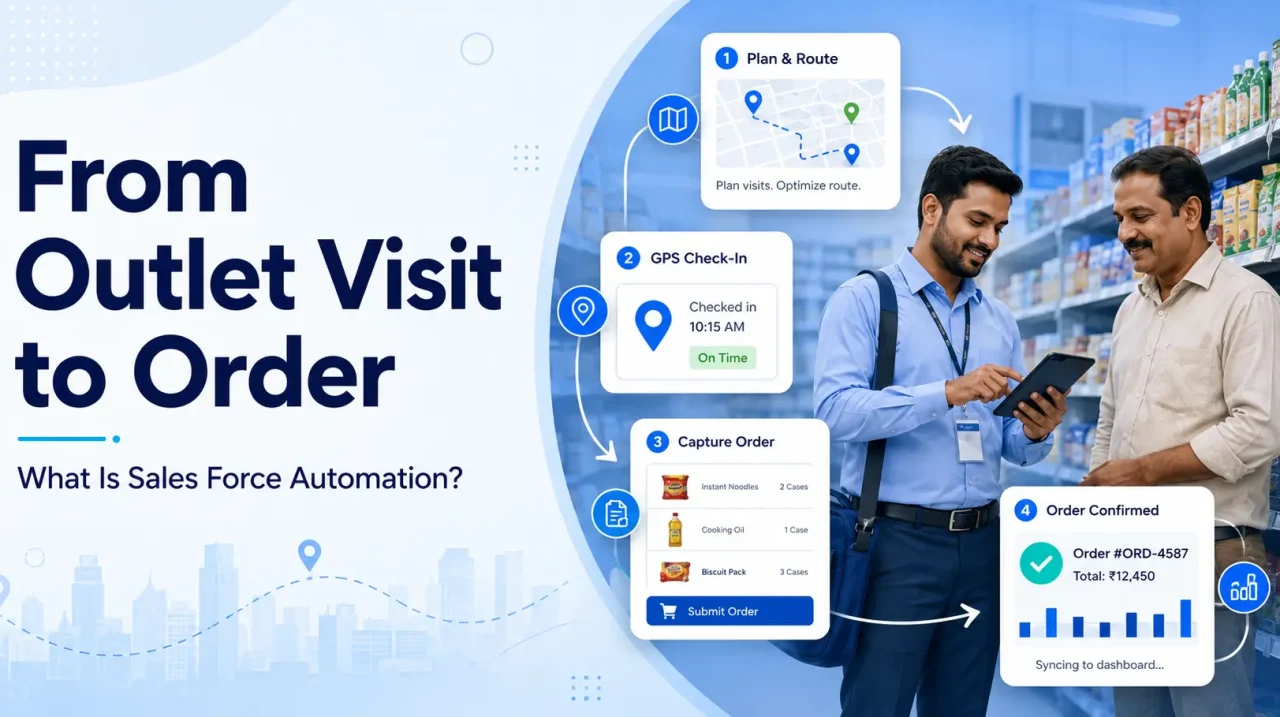 Field sales representative using sales force automation to plan outlet visits, check in, capture orders, and sync sales data