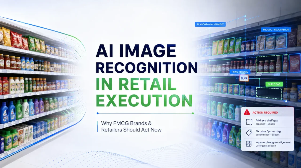 AI image recognition analysing an FMCG retail shelf for products, planogram compliance, availability, promotions and execution gaps