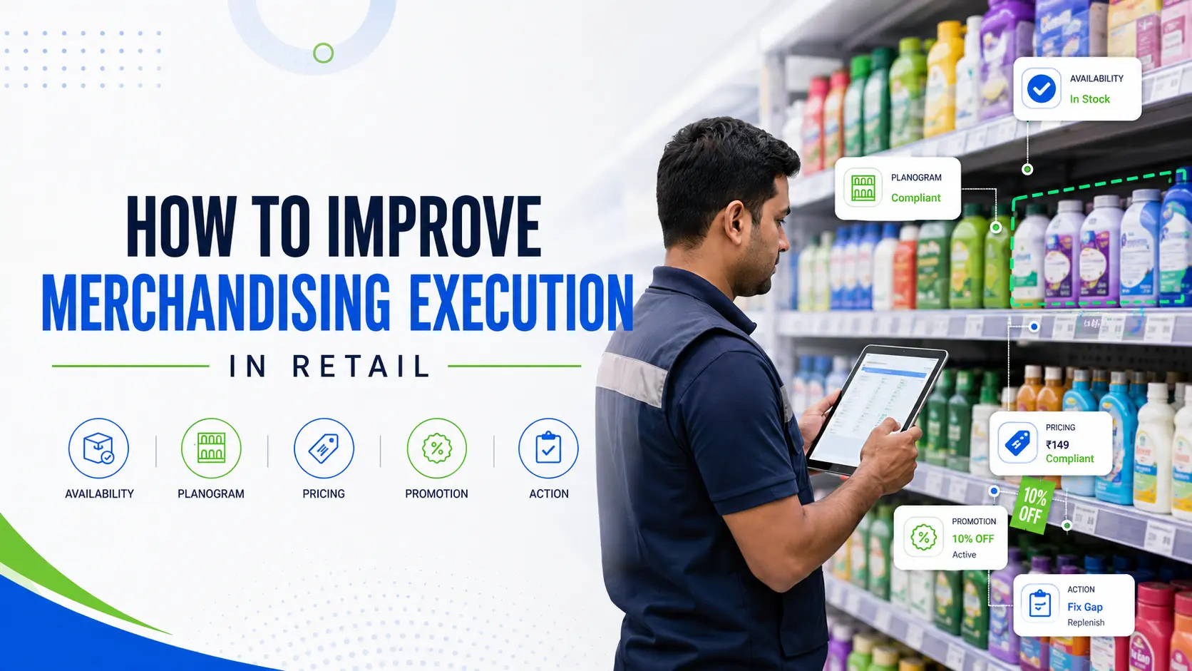 Field merchandiser using a tablet to check product availability, planogram compliance, pricing, promotions, and corrective actions in a retail store