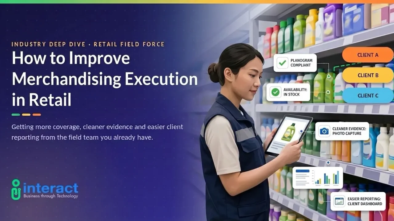 Merchandiser checking shelf availability, planogram, and price compliance on a tablet during a retail store visit