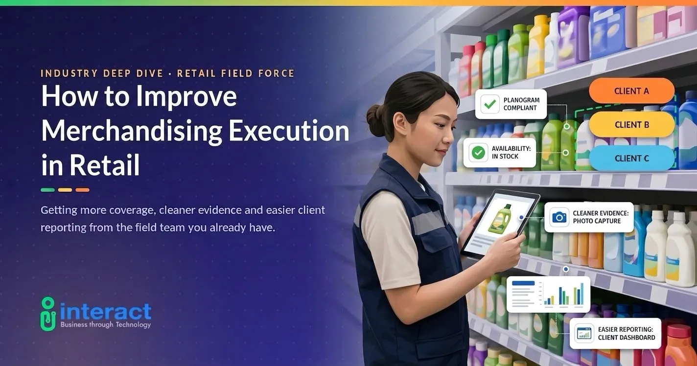 Merchandiser checking shelf availability, planogram, and price compliance on a tablet during a retail store visit