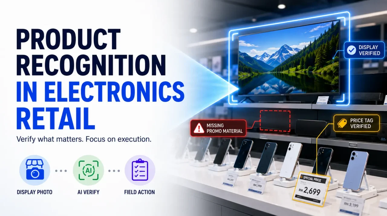 AI product recognition analysing electronics displays, price cards and promotional materials while serialised stock is verified by barcode scanning