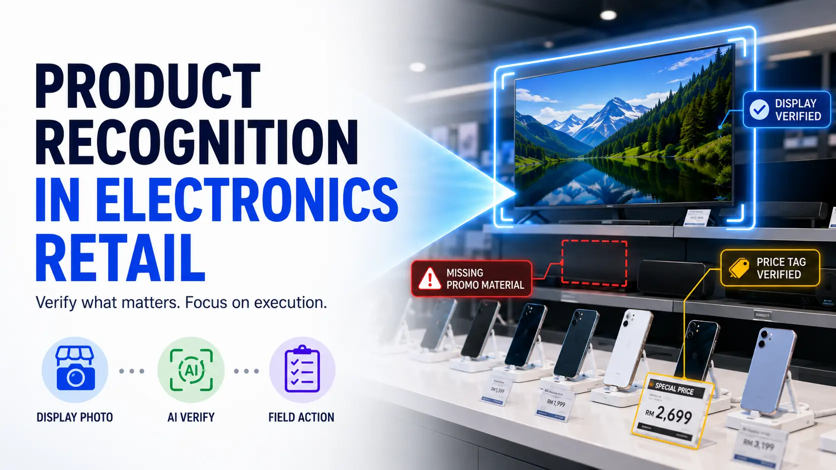 AI product recognition analysing electronics displays, price cards and promotional materials while serialised stock is verified by barcode scanning
