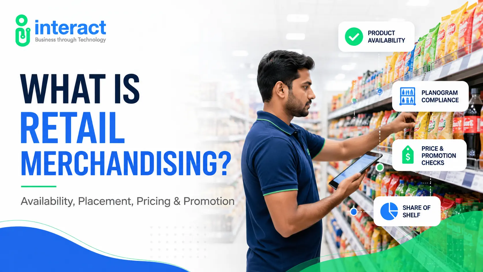 Retail merchandiser checking product availability, planogram compliance, pricing and promotions on a store shelf