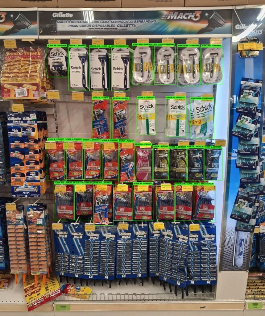 AI-annotated photo of a personal care and grooming shelf, showing razors and shaving products with bounding boxes tagging own-brand and competitor SKUs