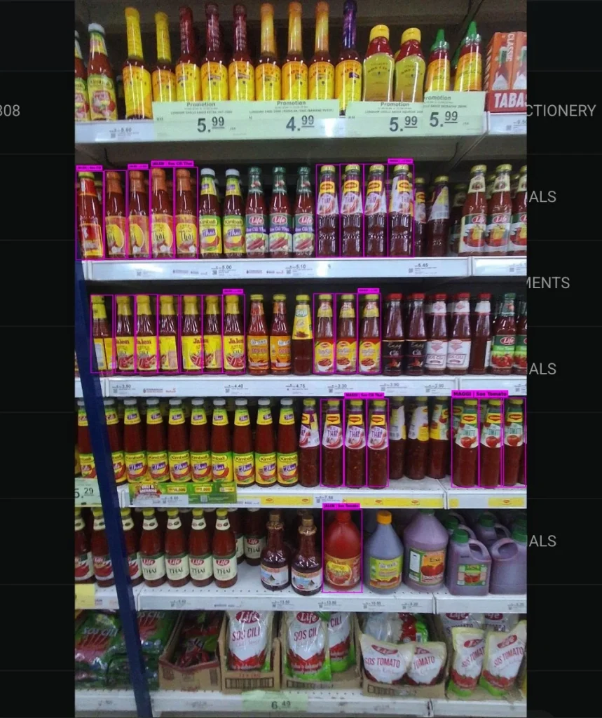 AI-annotated photo of a sauces and condiments shelf, with bounding boxes around individual bottles tagging own-brand and competitor products