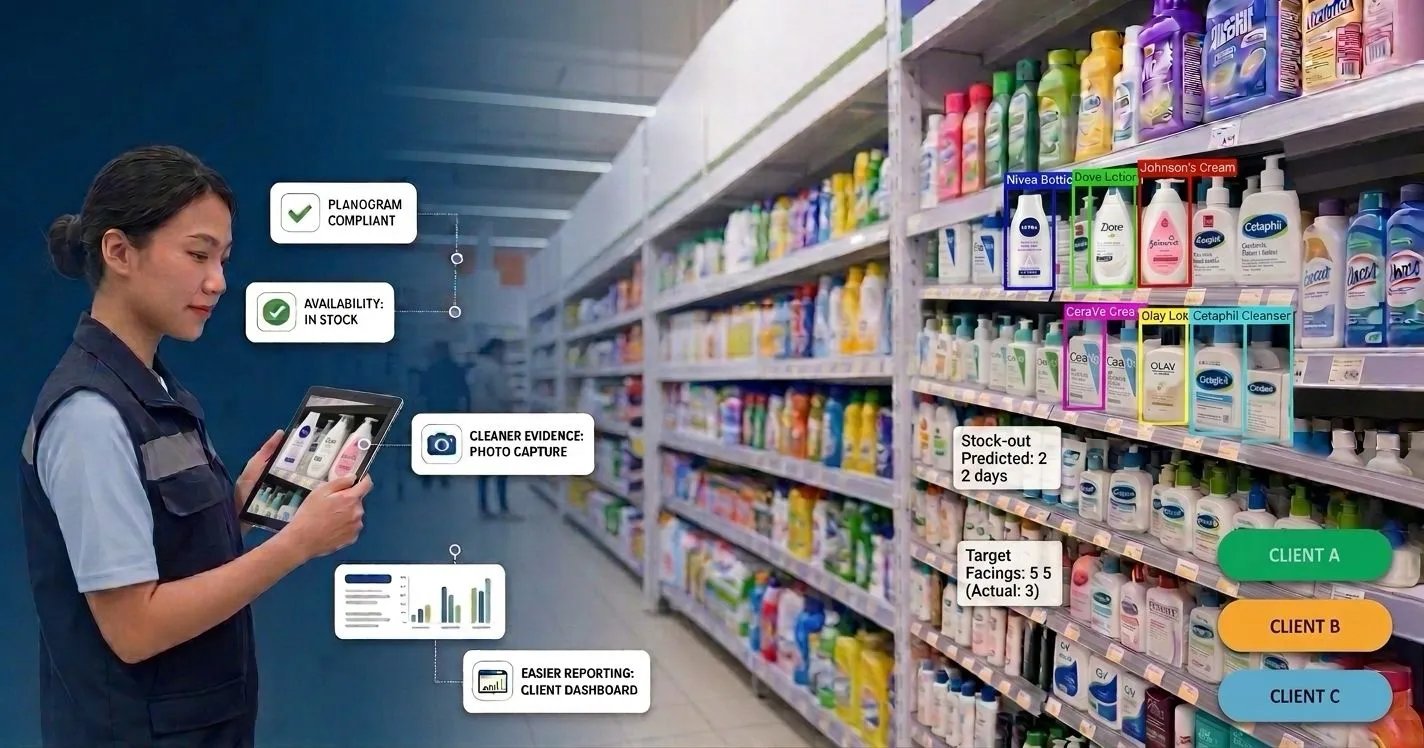 Merchandiser scanning retail shelf with a smartphone while AI detects product facings and out-of-stock gaps