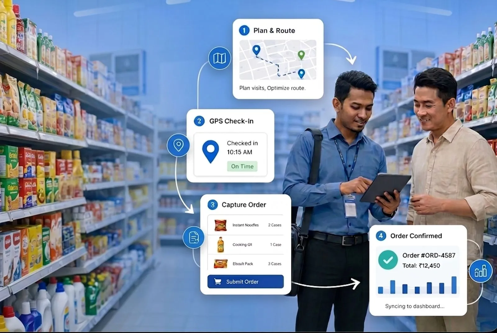 Sales rep using a mobile order-taking app while serving a shop owner inside a mini market