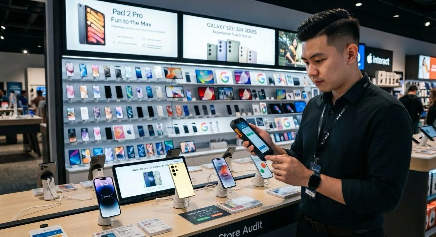 Auditor using a smartphone to complete a store compliance checklist with photo evidence at a retail display